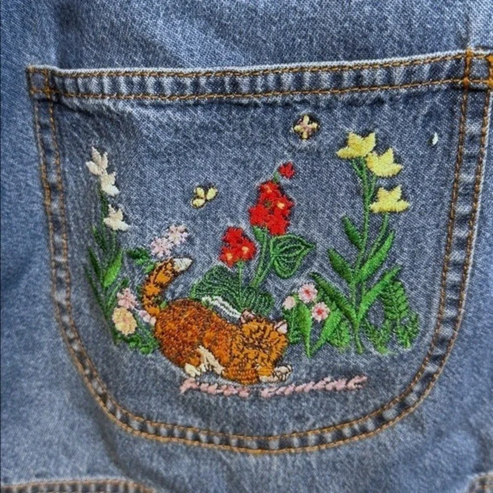 Y2K Cottagecore Cute Denim Embroidered Cat Flowers Button Front Women's‎ Jacket